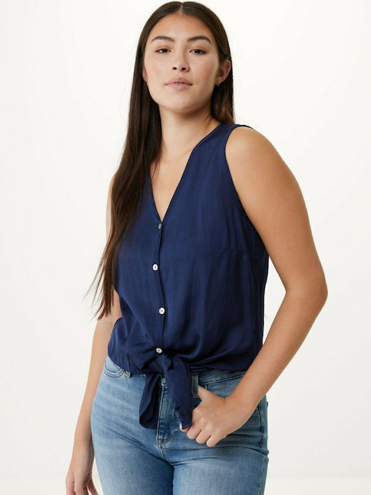 Women's Linen Monochrome Sleeveless Shirt Navy Blue