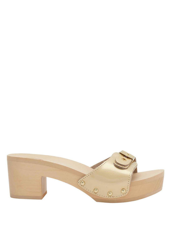 Scholl Leather Women's Sandals Gold with Chunky Medium Heel