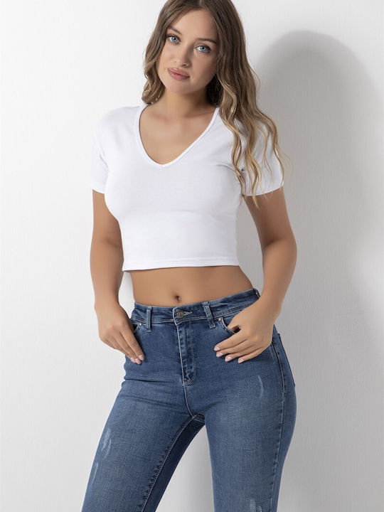 Women's top with short sleeve with V neckline white 1 pc