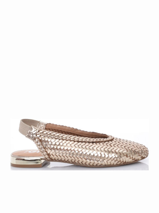 Δερμάτινες Γυναικείες Μπαλαρίνες Slingback με Λουράκι σε Χρυσό Χρώμα