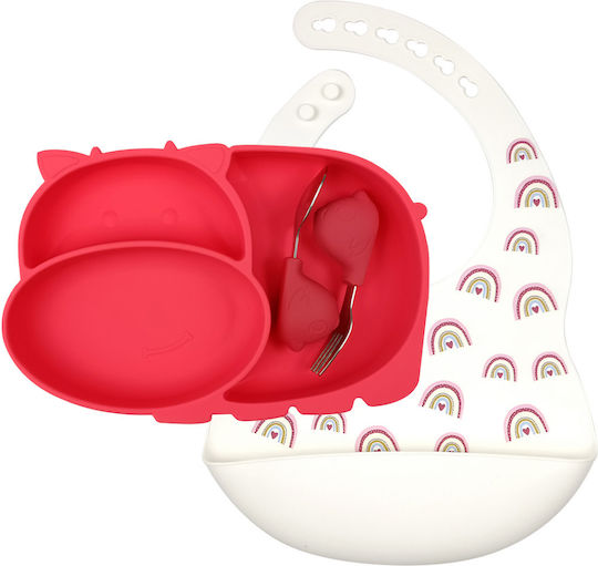 Baby Cloud Baby Silicone Feeding Set Hippo with Anti-slip Base 4pcs for 5+ months Red