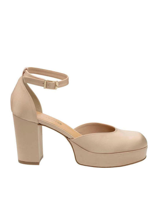 Leather Nude Satin High Heels with Strap S