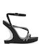 Fabric Women's Sandals with Strass Black with Chunky High Heel