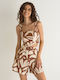 Toi&Moi Women's Summer Crop Top Linen Sleeveless Floral Beige