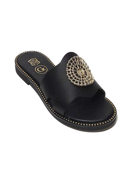 Gk Shoes Leather Women's Flat Sandals in Black Color