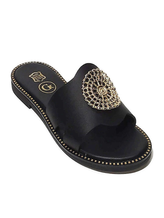 Leather Women's Flat Sandals in Black Color