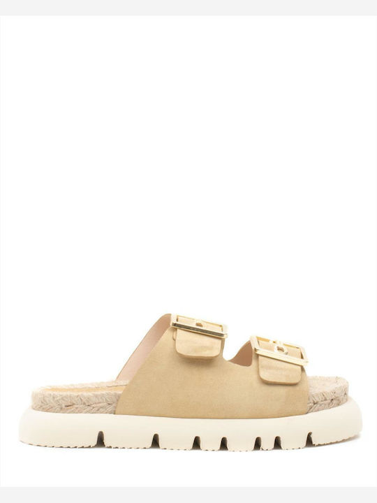 Leather Women's Flat Sandals in Beige Color