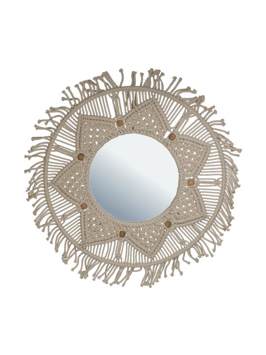 ArteLibre Wall Mirror with Beige Fabric Frame Diameter 48cm 1pcs