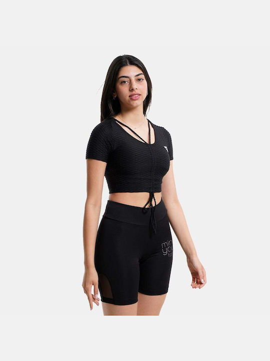 Guess Women's Athletic Crop Top Short Sleeve with V Neck Black