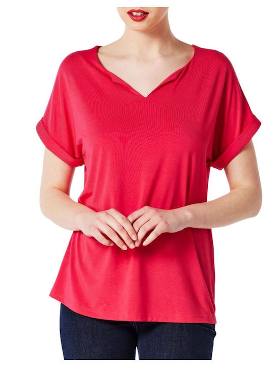 Forel Women's Summer Blouse Short Sleeve with V Neck Red