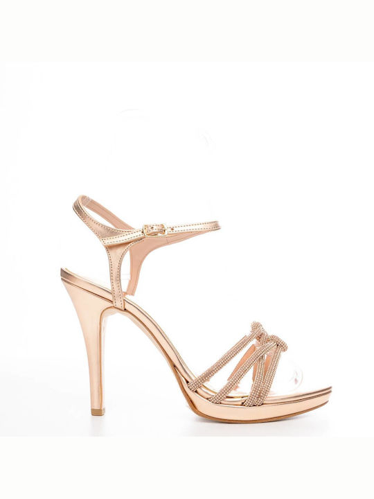 Ellen Platform Women's Sandals with Strass & Ankle Strap Pink Gold