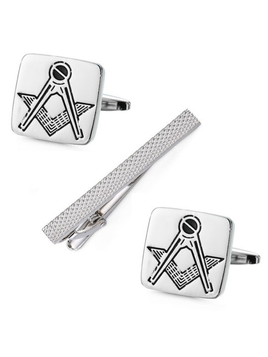 Set Herren Original Herren Mode Manschettenknöpfe und Stahl Krawattenklammer In Silber und Schwarz Freimaurer Symbol
