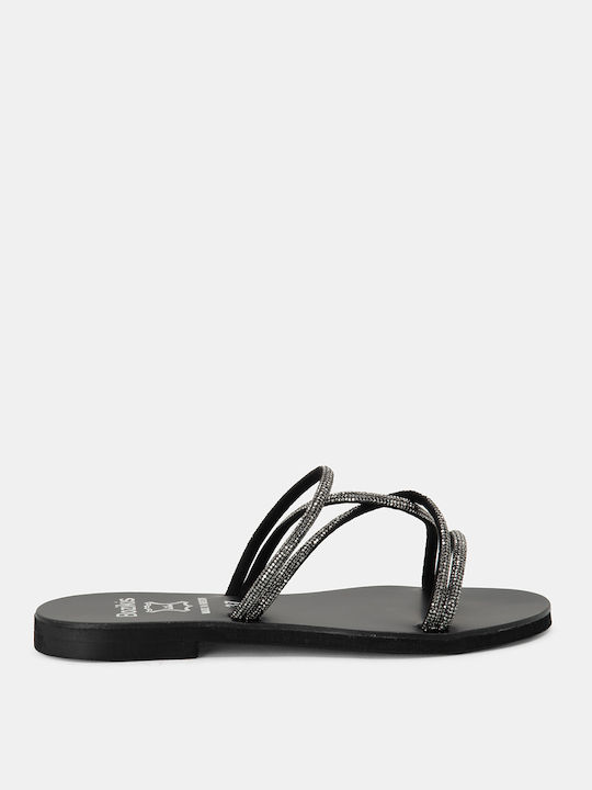 Bozikis Leder Damen Flache Sandalen in Schwarz Farbe