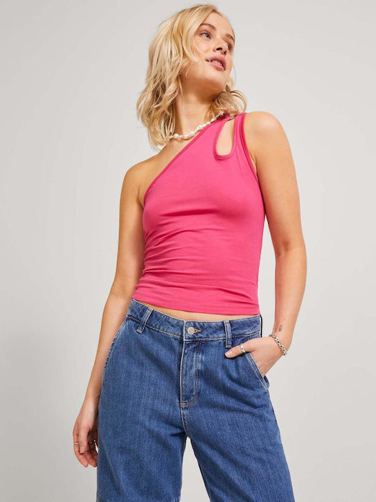 Women's Summer Blouse Cotton with One Shoulder Fuchsia