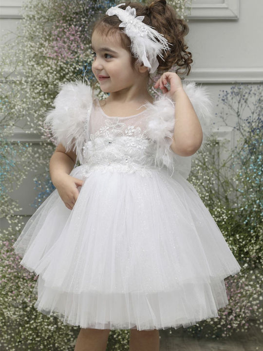 Mi Chiamo Alb Set de Haine de Botez cu Accesorii pentru păr & Rochie din Tulle 2buc
