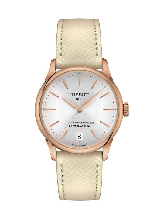 Tissot Chemin Des Tourelles Γυναικείο Ρολόι 34mm Μπαταρίας με Μπεζ Δερμάτινο Λουράκι