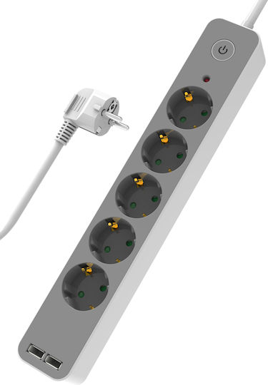 Powertech Πολύπριζο 5 Θέσεων με 2 USB-A, Διακόπτη και Καλώδιο 1.4m