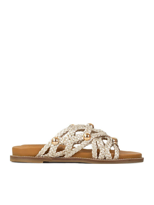 Leather Women's Flat Sandals in Gold Color
