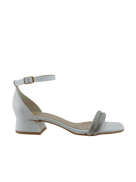 Stefania Synthetic Leather Women's Sandals with Strass & Ankle Strap White with Chunky Low Heel