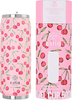 Estia Travel Cup Save the Aegean Sticlă Termos Oțel inoxidabil Fără BPA Cherry Rose 500ml cu Paie