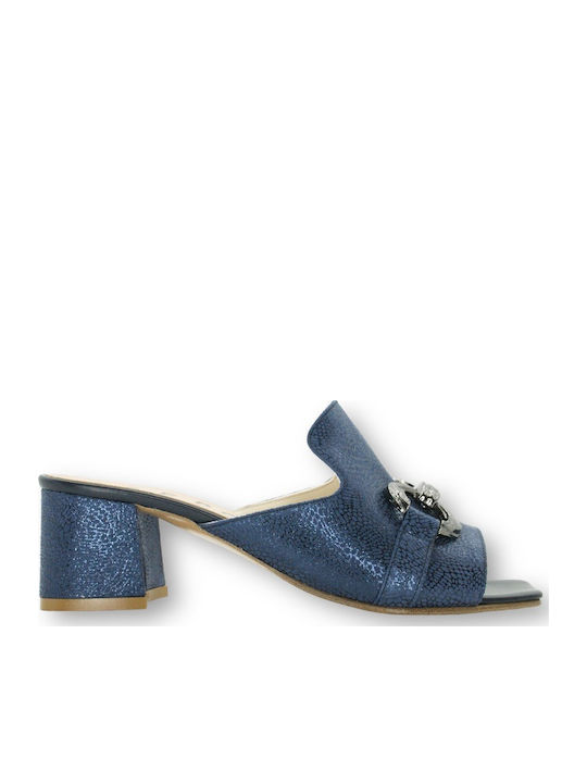 Leather Mules with Chunky Low Heel in Blue Color