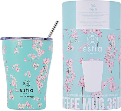 Estia Coffee Mug Save The Aegean Glas Thermosflasche Rostfreier Stahl BPA-frei Grün 350ml mit Stroh