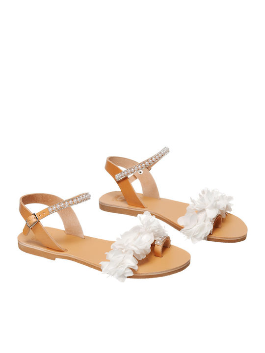 Leather Women's Flat Sandals with Strap in White Color