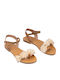 Leather Women's Flat Sandals with Strap in Beige Color