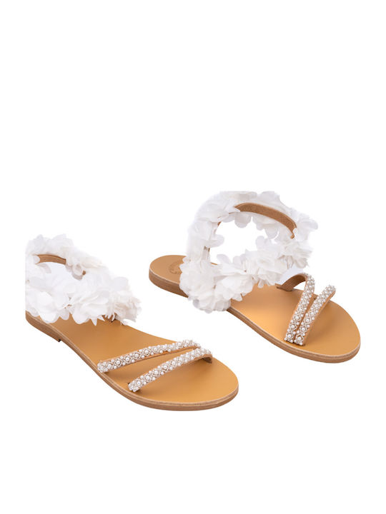Leather Women's Flat Sandals in White Color