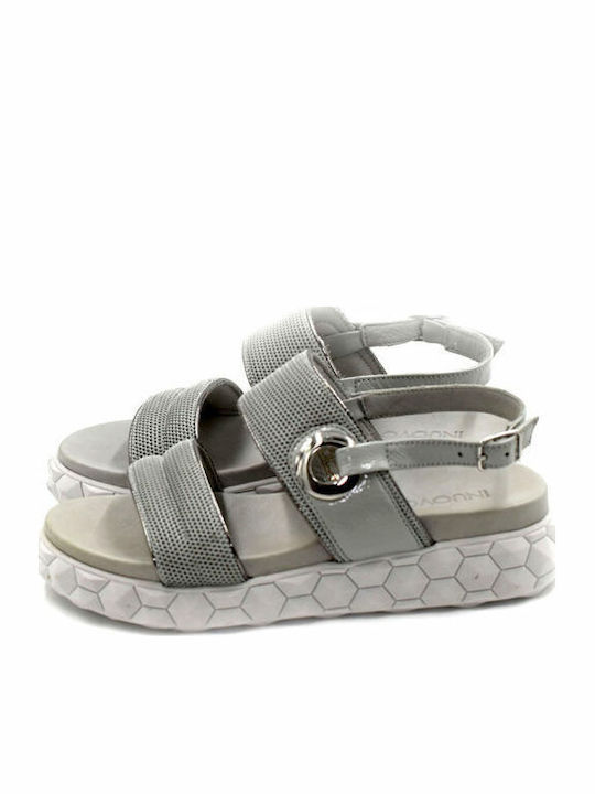 Leather Women's Flat Sandals Flatforms in Gray Color