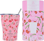 Estia Coffee Mug Save The Aegean Glas Thermosflasche Rostfreier Stahl BPA-frei Cherry Rose 350ml mit Stroh