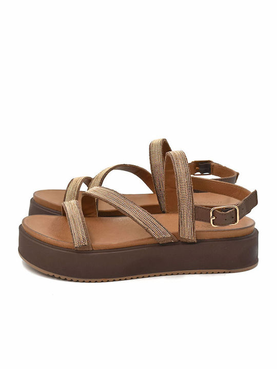 Leather Women's Flat Sandals Flatforms in Brown Color