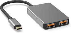 Powertech USB 3.0 4 Port Hub with USB-C Connection & Charging Port Gray
