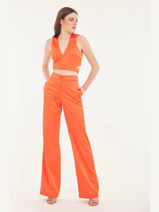 Mind Matter Women's High Waist Fabric Trousers Orange