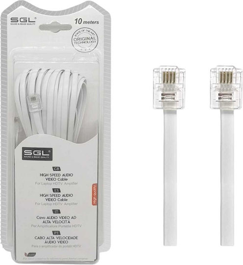 SGL Flat Τηλεφωνικό Καλώδιο RJ11 6P4C 10m Λευκό (097022)