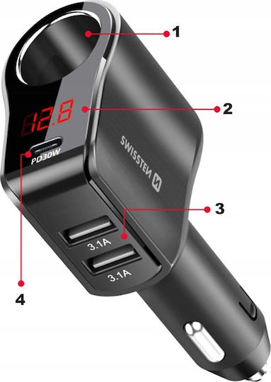 Swissten Φορτιστής Αυτοκινήτου 30W 10A με Θύρες: 2xUSB 1xType-C 1xΑναπτήρα Μαύρος