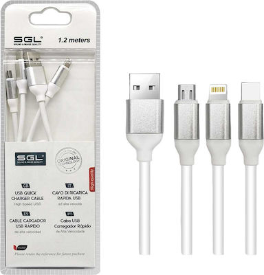 SGL FB3 Regular USB to Lightning / Type-C / micro USB Cable Λευκό 1.2m (099231)