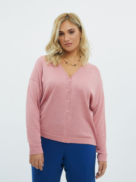 Mat Fashion Plus Size Γυναικεία Πλεκτή Ζακέτα σε Ροζ Χρώμα