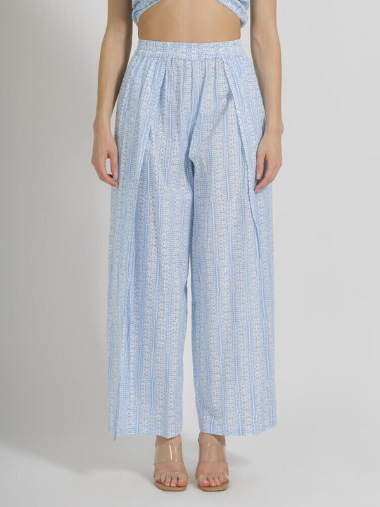 Damen Hoch tailliert Stoff Hose in Lockerer Passform Hellblau