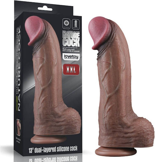 Lovetoy 13'' Dual Layered Silicone Cock XXL Ρεαλιστικό Dildo με Όρχεις και Βεντούζα Καφέ 33cm