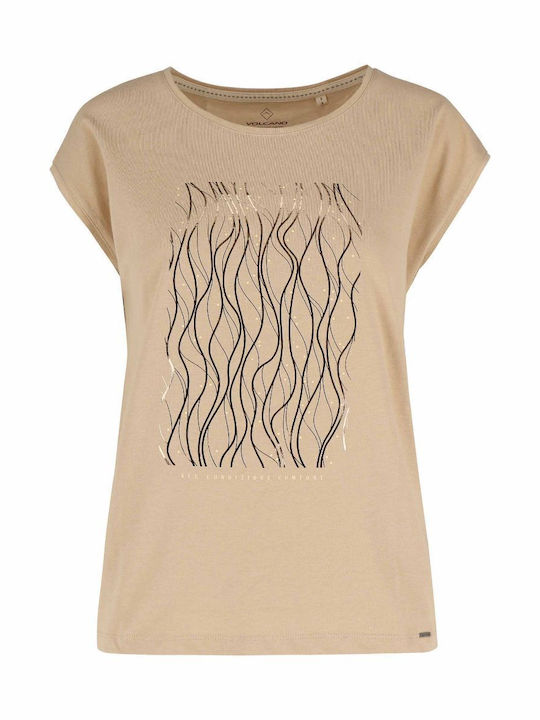 Volcano T-LINKA Damen T-Shirt mit glänzendem Aufdruck - Beige