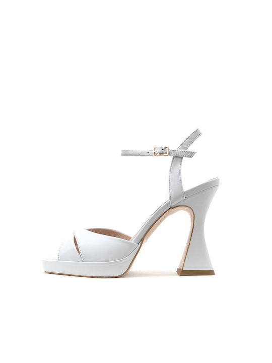 Mourtzi Platform Leather Women's Sandals 85/83007 with Ankle Strap White with Chunky High Heel