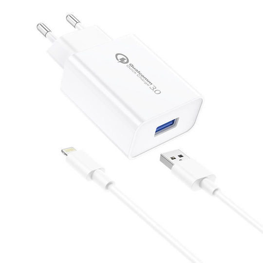Foneng Mobile Phone Charger with USB-A Port and Lightning Cable Quick Charge 3.0 White (EU13)