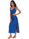 Silia D All Day Spaghetti Strap Satin Maxi Slip Dress Drape Blue
