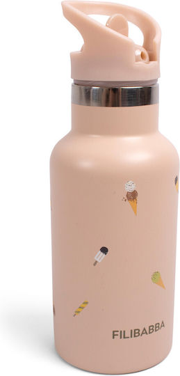 Filibabba Cool Summer Kids Water Bottle Thermos Stainless Steel with Straw Pink 350ml