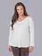 Mat Fashion Women's Blouse Cotton Long Sleeve with V Neckline Beige