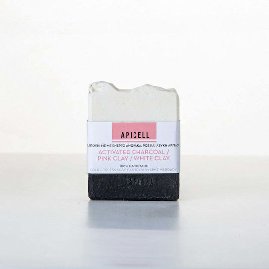 Apicell Handgefertigtes Seifenriegel mit Aktivkohle, Rosa Ton und Weißem Ton 130g