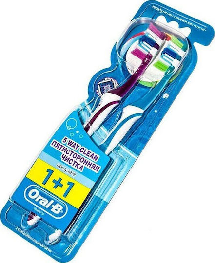 Oral-B Complete 5 Way Clean 40 1+1 Toothbrush Medium Fuchsia - Blue 2pcs