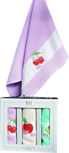 Beauty Home Fruits Ποτηρόπανο από 100% Βαμβάκι Μωβ,Μπεζ,Γαλάζιο 40x60cm 3τμχ
