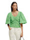 Women's Summer Blouse Cotton Short Sleeve Floral Green